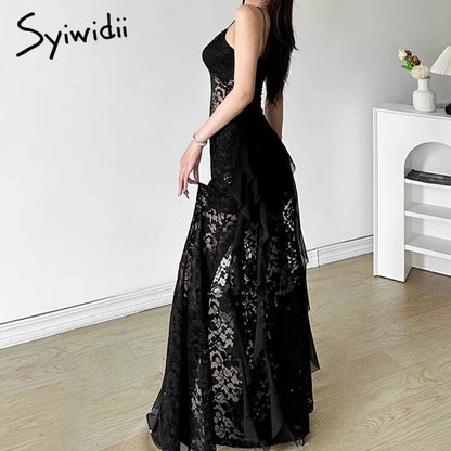 Luxe Lace V-Neck Ruffle Evening Dress