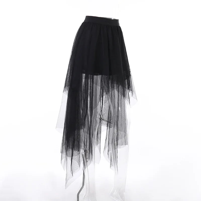 Gothic Mesh High-Waisted Asymmetrical Skirt