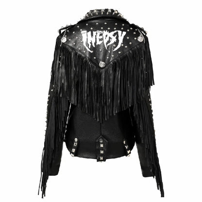 PU Leather Jacket for Women Short Fashion Designer Punk Rivets Chain Moto & Biker Jackets Streetwear Fringed Coats ceketler