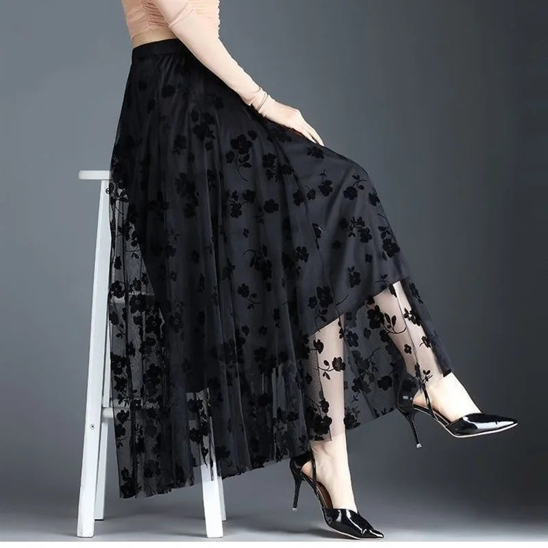 Flocking Floral Pirnted Long Mesh Skirt