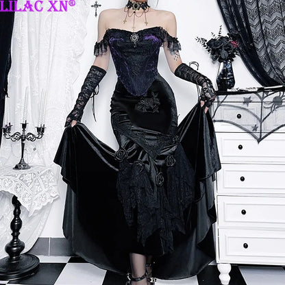 Goth Black Velvet Rose Long Mermaid Skirts