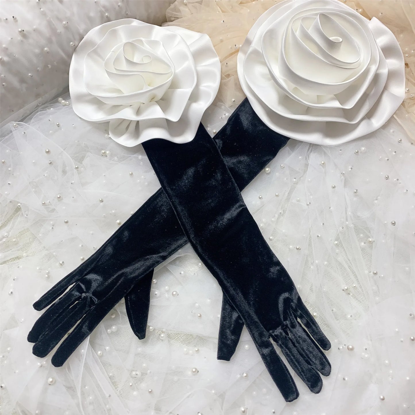 White Flower Long Black Velvet Glove