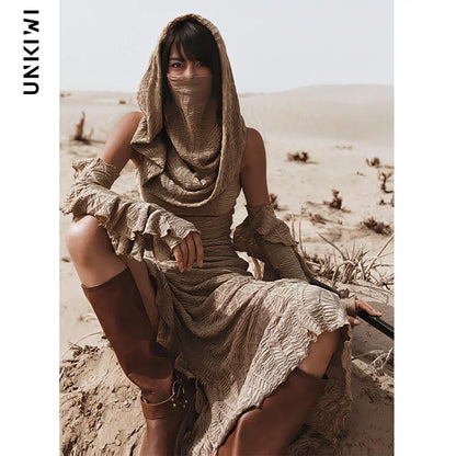 Desert Chic: 2-Piece Hooded Dress & Oversleeves Set