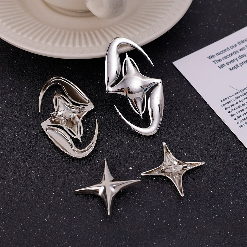 Silver Color Metal Cross Star Brooches