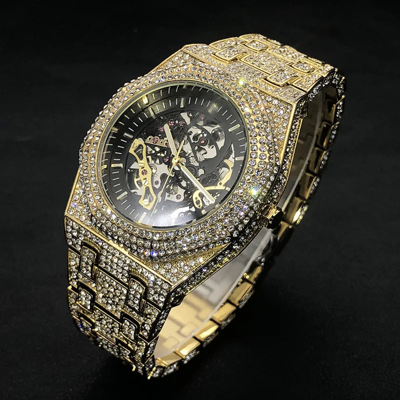 Automatic Watch Bling Diamond Gold For Men