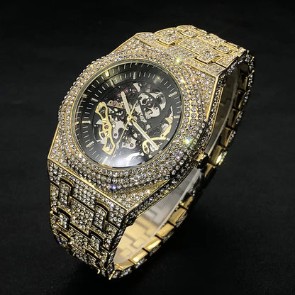 Automatic Watch Bling Diamond Gold For Men