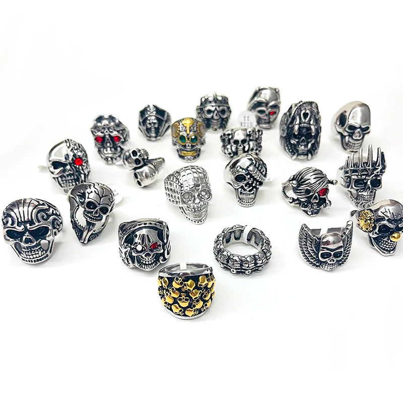 10 Pcs Stainless Steel Skull Head Rings