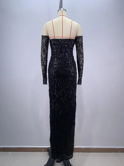 Elegant Black V-Neck Maxi Dress with Gloves & Sequins