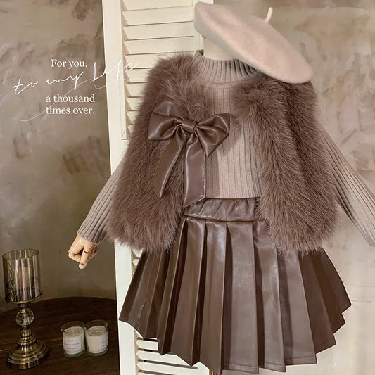 Fashion Woolen Sweater Coat + Leather Skirt