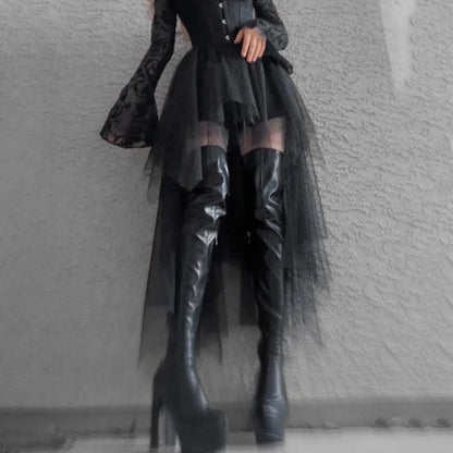 Gothic Mesh High-Waisted Asymmetrical Skirt