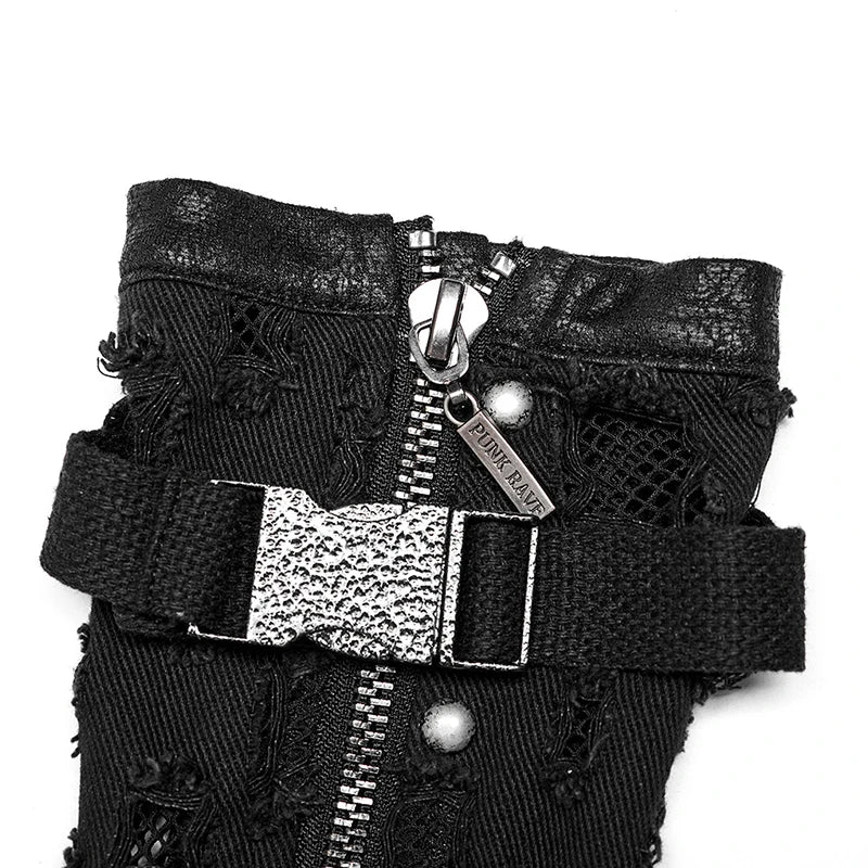 Punk Twill Holes Denim & Gauze Fingerless Gloves