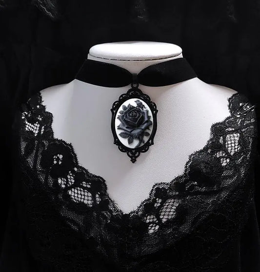 Vintage Gothic Black Rose Cameo Necklace