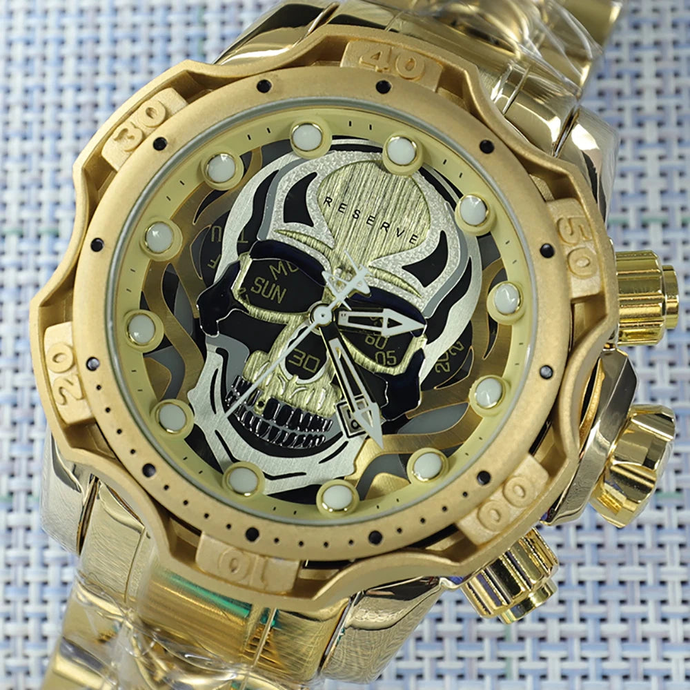 Silver Creative Hollow Skull Dial Undefeated Men Watch Luxury Watch Gold Invicto Creative Design Waterproof Relogio Masculino