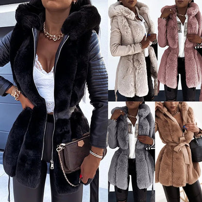 Imitation Fur Coat With Belt Hooded