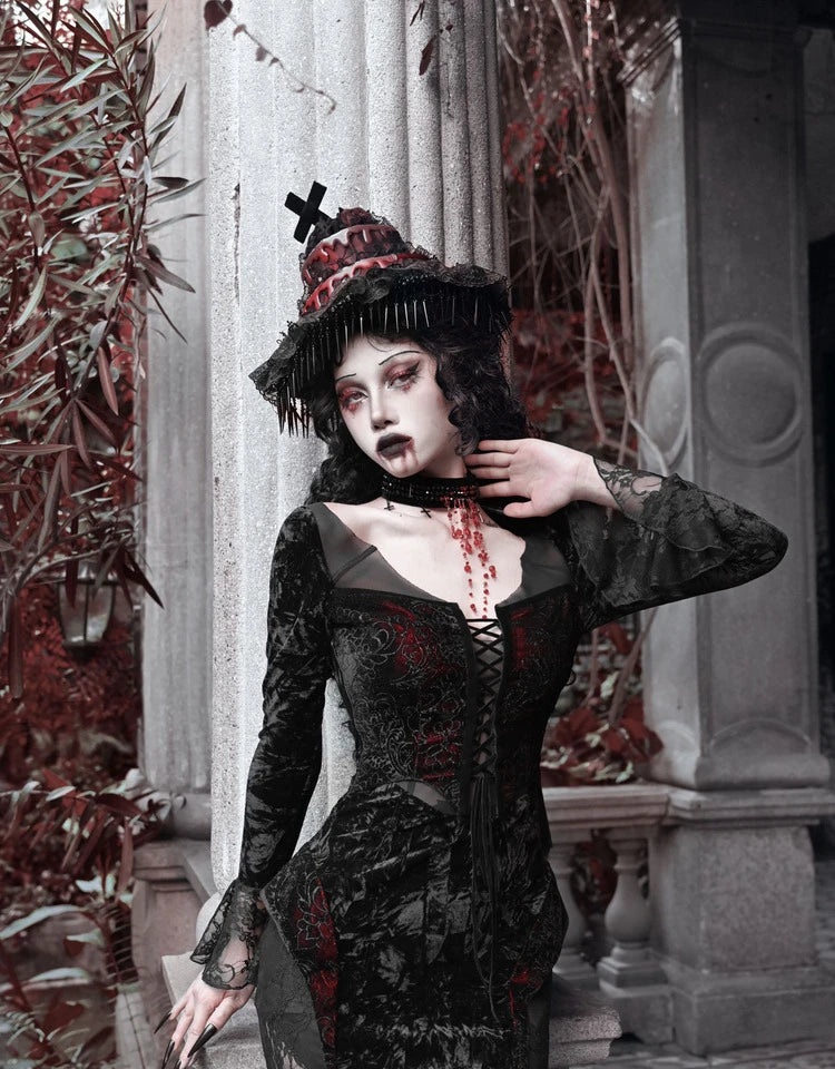 Gothic Velvet Slim Fit Lace Fishtail Dress for Women