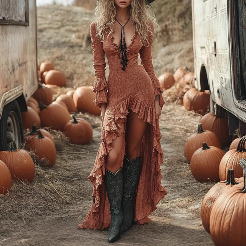 Boho V-Neck Ruffle Maxi Dress for Effortless Style