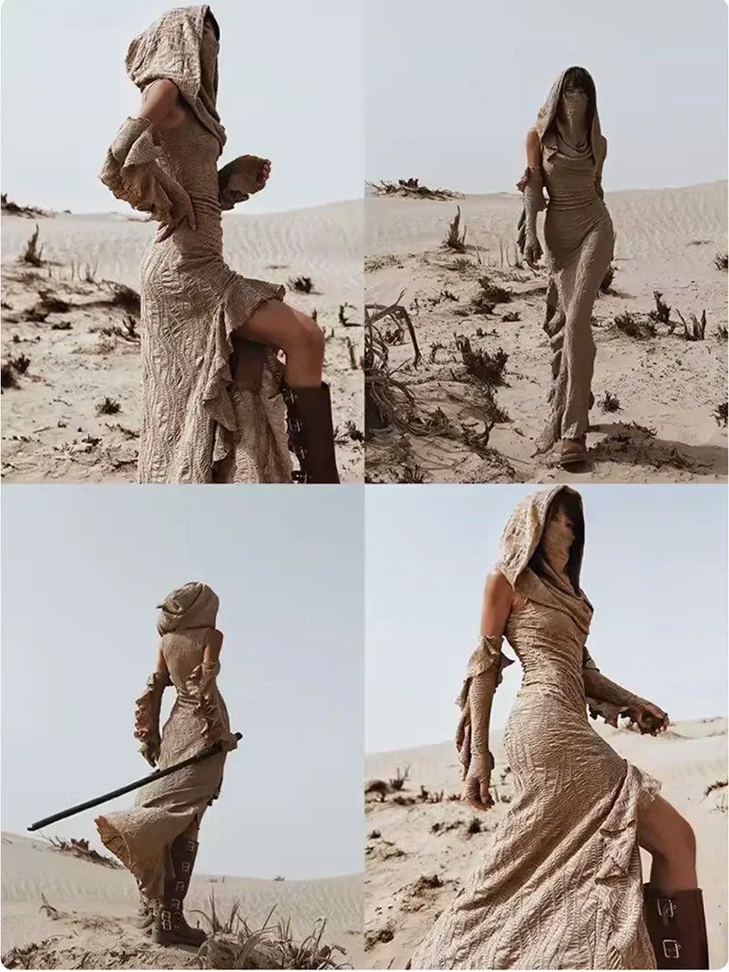 Desert Chic: 2-Piece Hooded Dress & Oversleeves Set