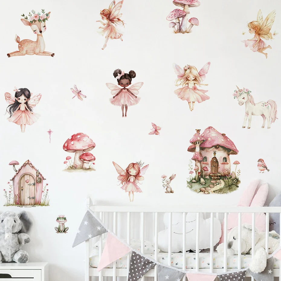 Cartoon Cute Fairy Mushroom House Plant Wall Sticker Flower Elves