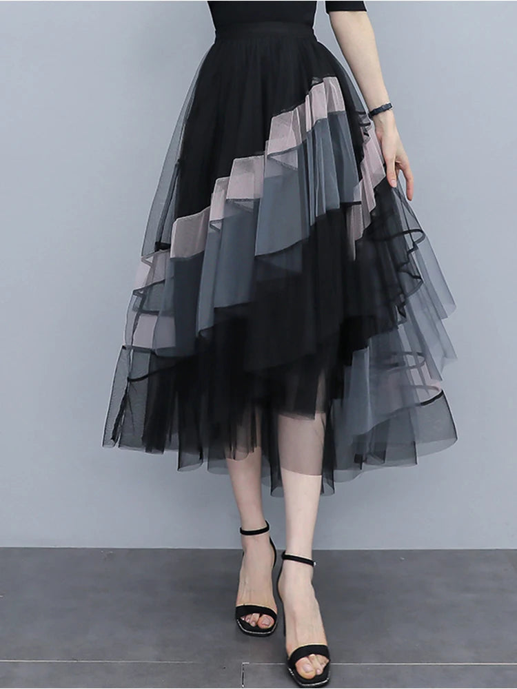 Fashion Patchwork Tulle Long Skirt