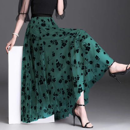 Flocking Floral Pirnted Long Mesh Skirt