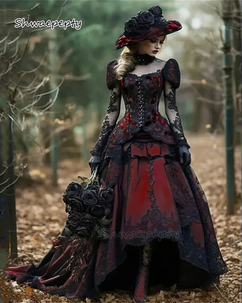Crimson Lace Gothic Bride Gown with Trailing Hem