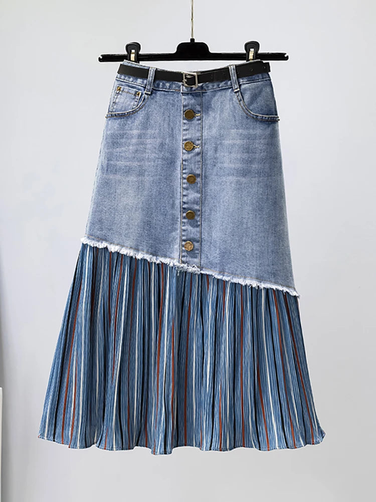 Denim Skirt High Waist Patchwork