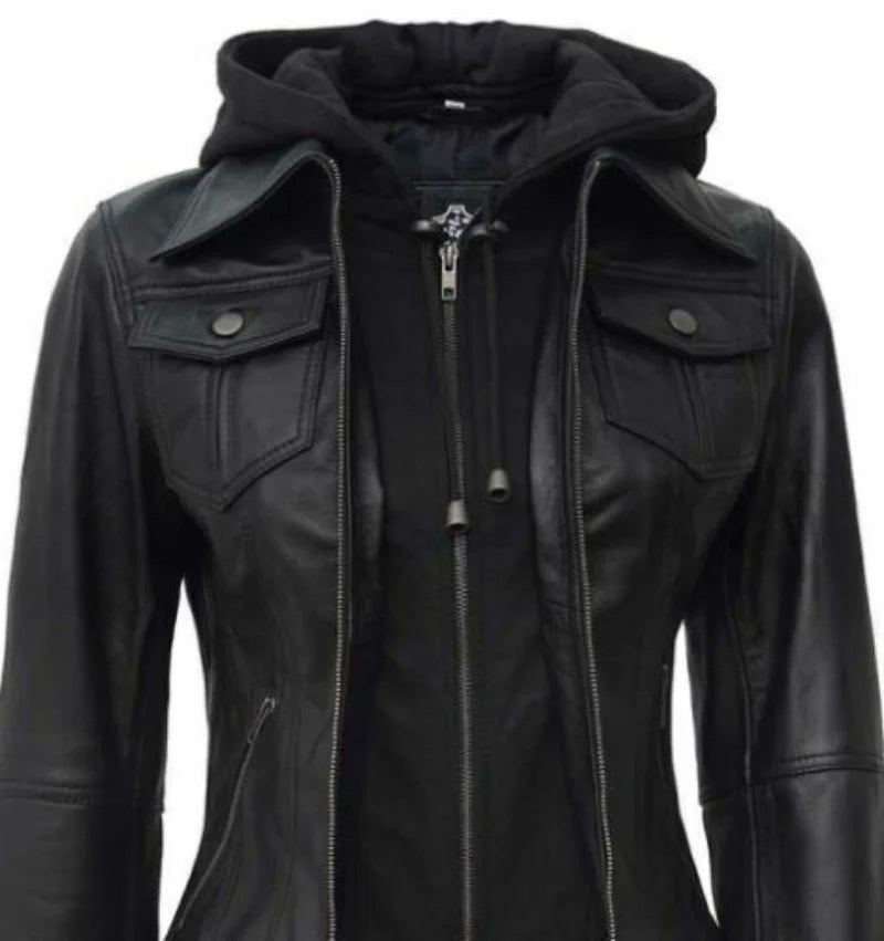 Jacket with Fleece Removable Hood Genuine Leather