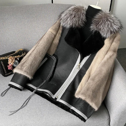 Bomber Jacket with Real Mink Fur Sleeve Natural Silver Fox