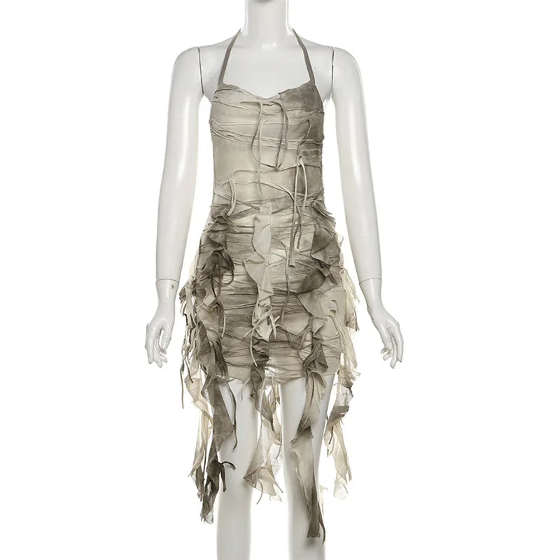 Retro Gradient Summer Halter Dress with Tassels