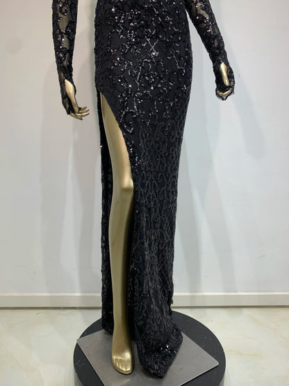 Elegant Black V-Neck Maxi Dress with Gloves & Sequins