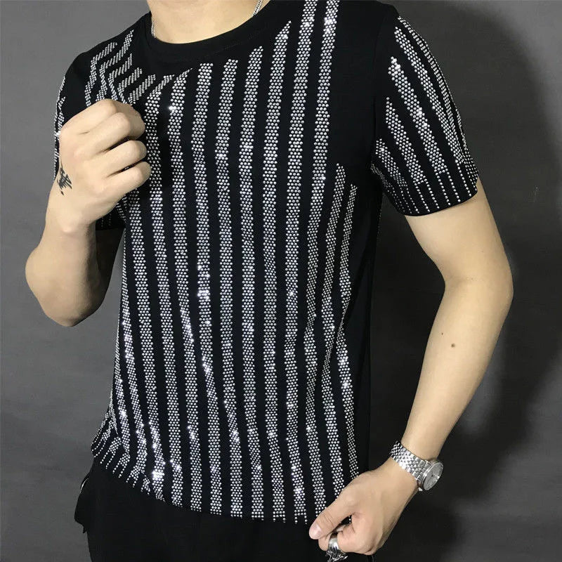 High Quality Men Black Fashion Diamond Rhinestone T-shirt