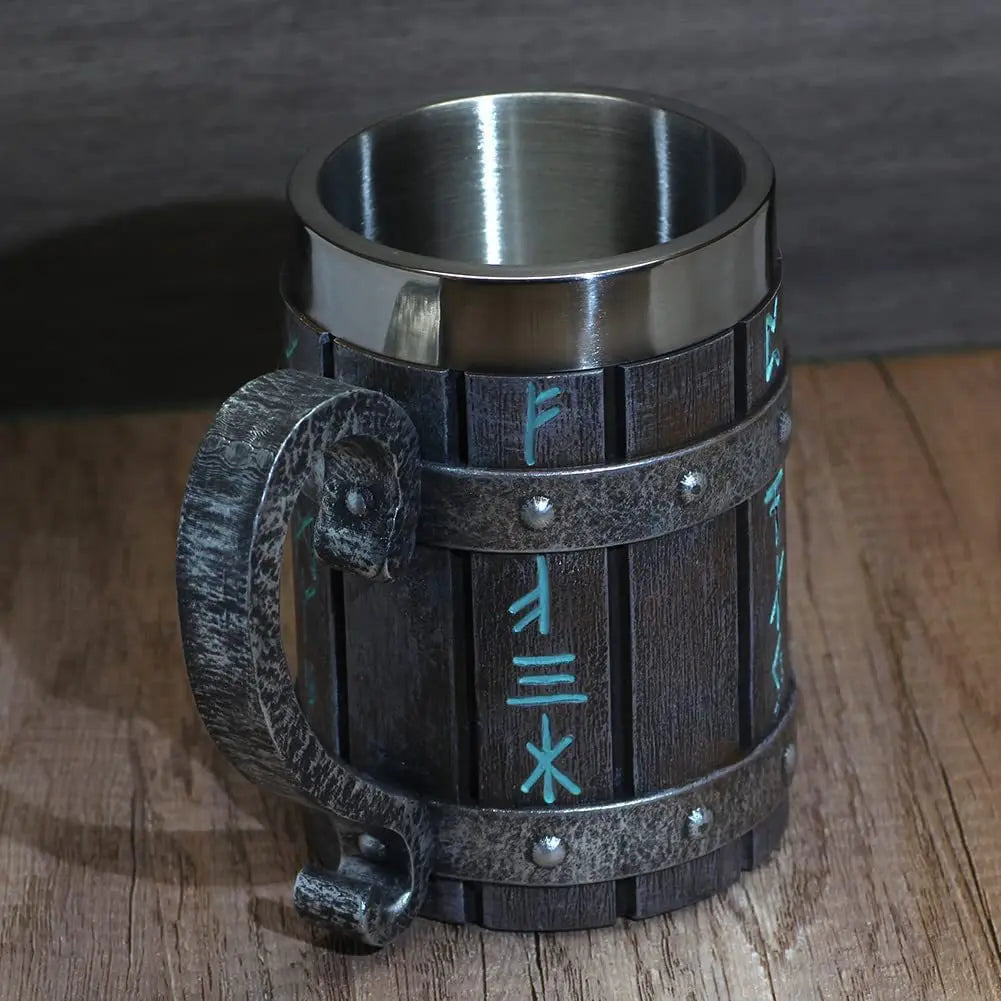 Viking Vintage Oak Barrel Mug Stein with Stainless Steel