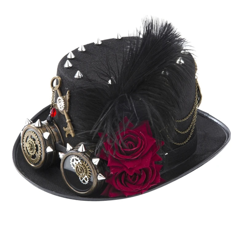 Victorian Steampunk Hat with Rose Chain & Feathers