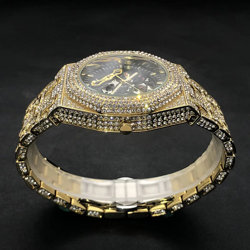 Automatic Watch Bling Diamond Gold For Men