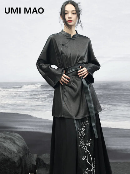 UMI MAO Retro Slant Buckle Black Long Sleeve Blouse