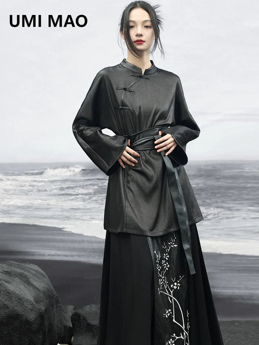 UMI MAO Retro Slant Buckle Black Long Sleeve Blouse