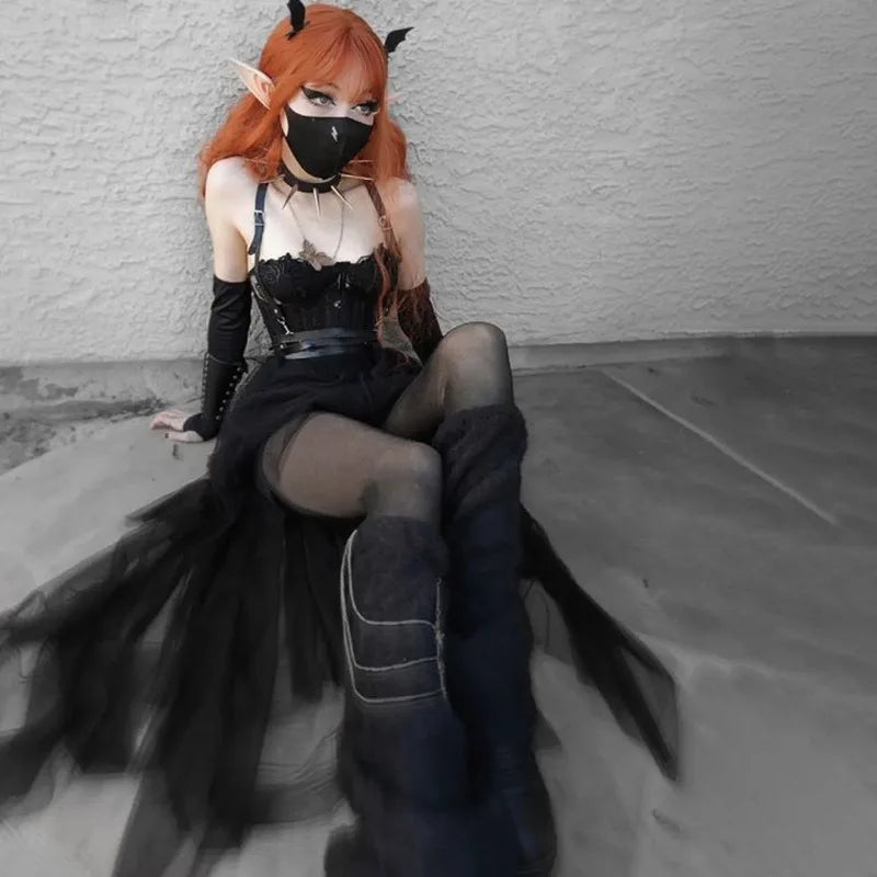 Gothic Mesh High-Waisted Asymmetrical Skirt