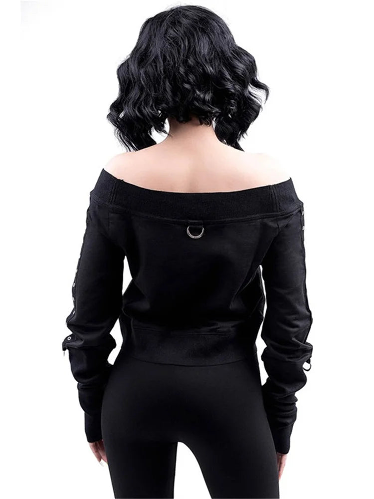 Gothic Punk Slash Neck Crop Top — Y2K Long Sleeve