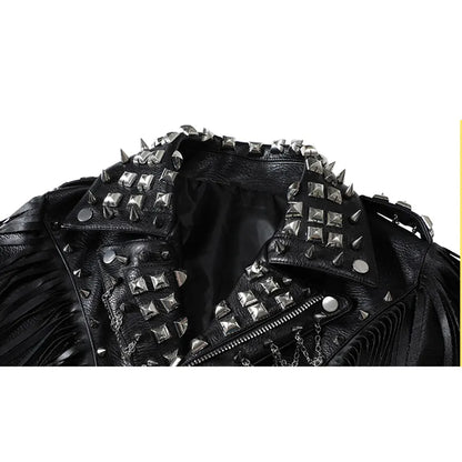 PU Leather Jacket for Women Short Fashion Designer Punk Rivets Chain Moto & Biker Jackets Streetwear Fringed Coats ceketler