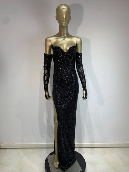 Elegant Black V-Neck Maxi Dress with Gloves & Sequins