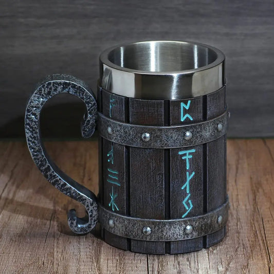 Viking Vintage Oak Barrel Mug Stein with Stainless Steel