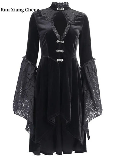 Gothic Black Lace Cutout Lantern Sleeve Stand Collar Exquisite Buttons