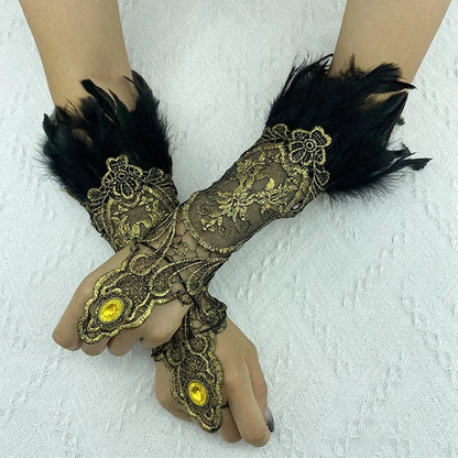 Natural Feather Gold Lace Long Gloves