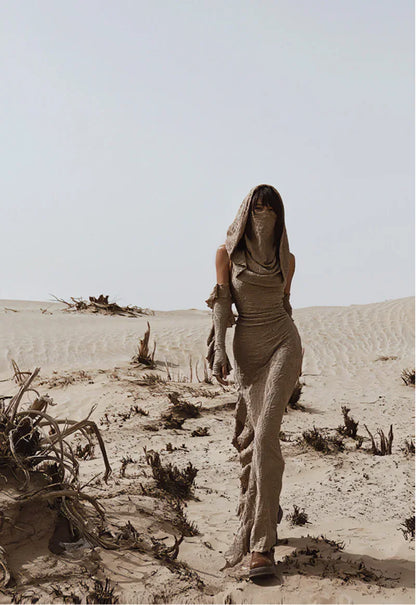 Desert Chic: 2-Piece Hooded Dress & Oversleeves Set