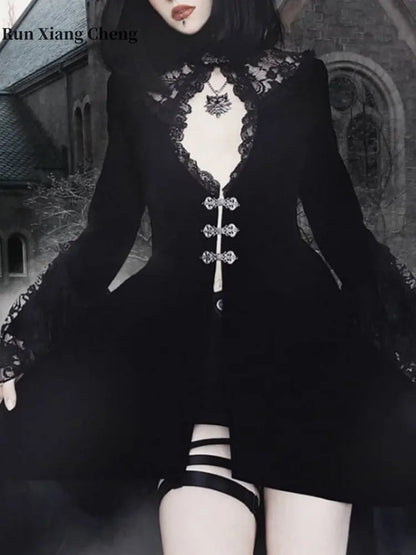 Gothic Black Lace Cutout Lantern Sleeve Stand Collar Exquisite Buttons