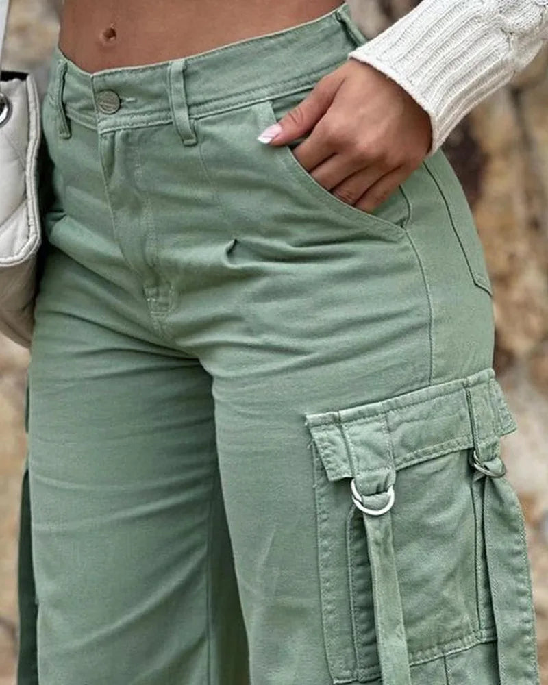 Pocket Design High Waist Cargo Pants Women Solid Color Summer Spring Pants Safari