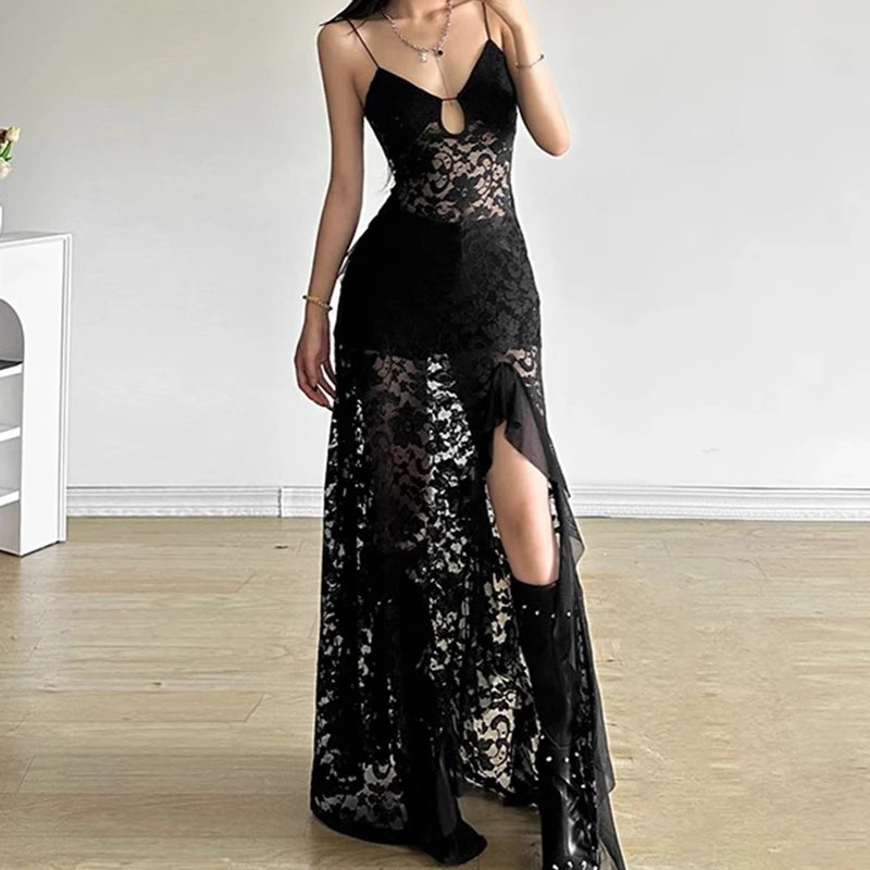 Luxe Lace V-Neck Ruffle Evening Dress