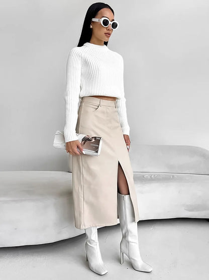 Vintage cashmere PU leather skirt