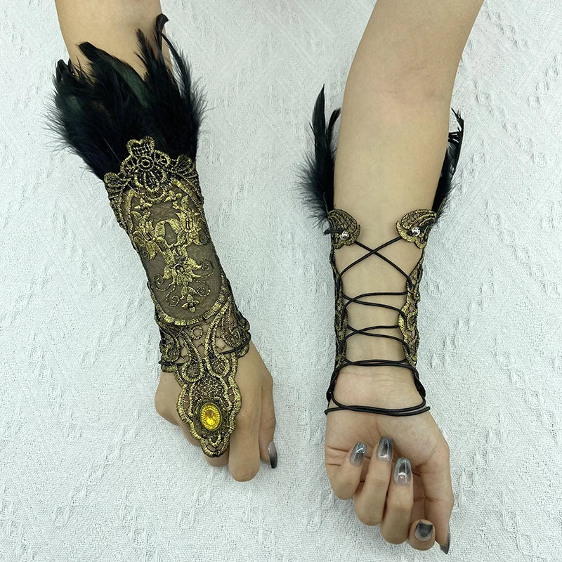 Natural Feather Gold Lace Long Gloves