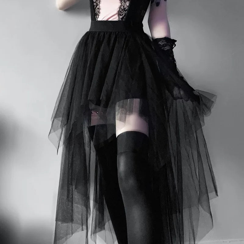 Gothic Mesh High-Waisted Asymmetrical Skirt